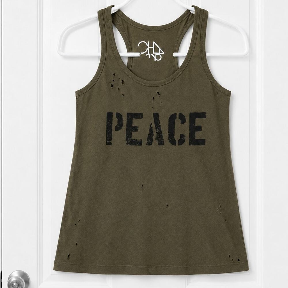 Chaser Peace Distressed Graphic Racerback Tank Top Olive Green XS